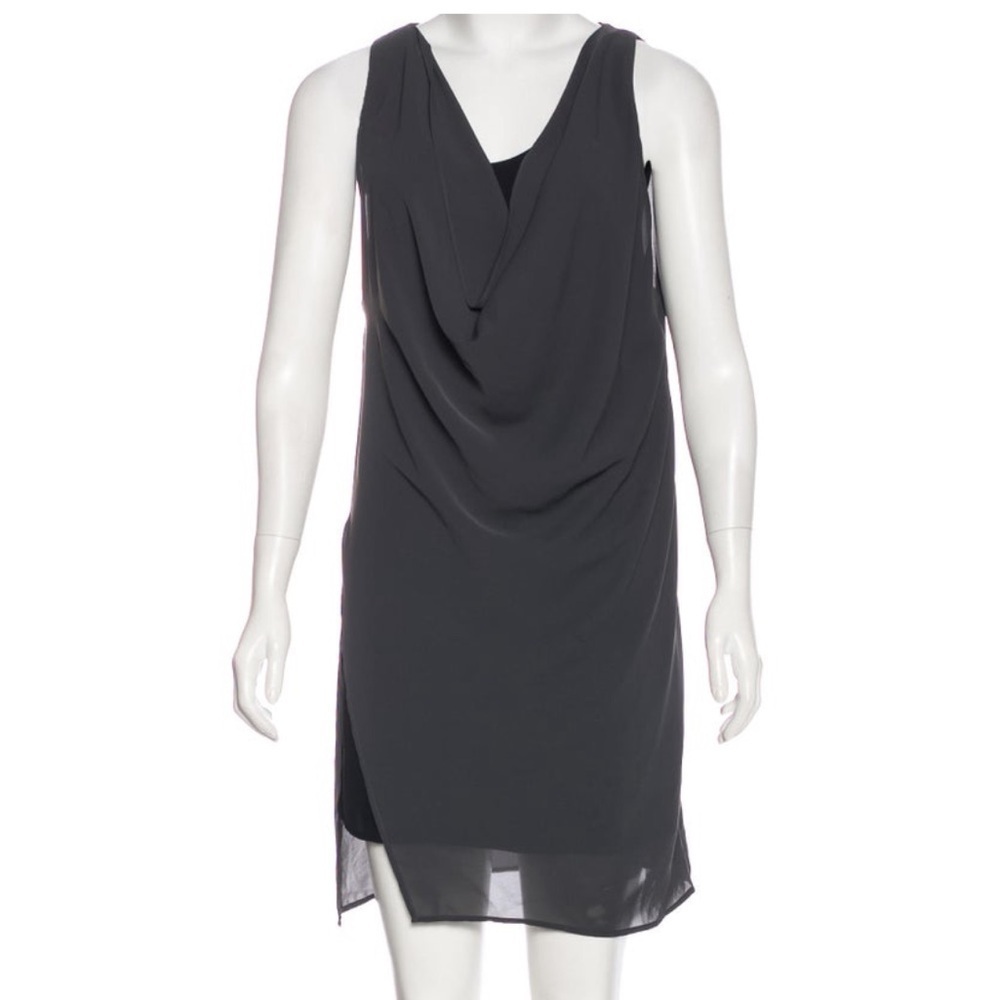 AllSaints Adyn Mini Dress Gunmetal Sheer Over Black Cowl Neck Sleeveless Size 10